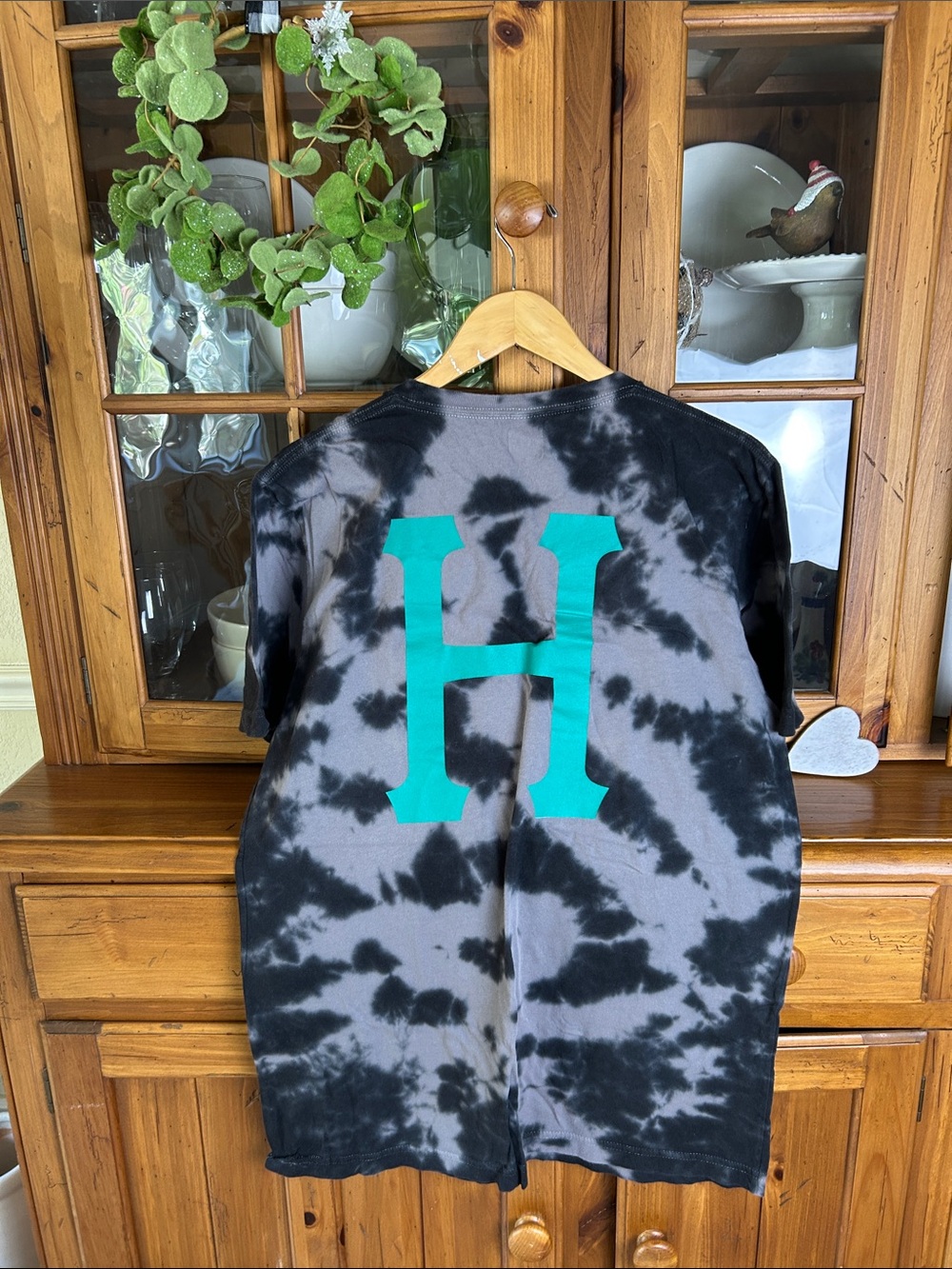 HUF Black & Gray Tie-Dye Tee with Teal H Chest Logo